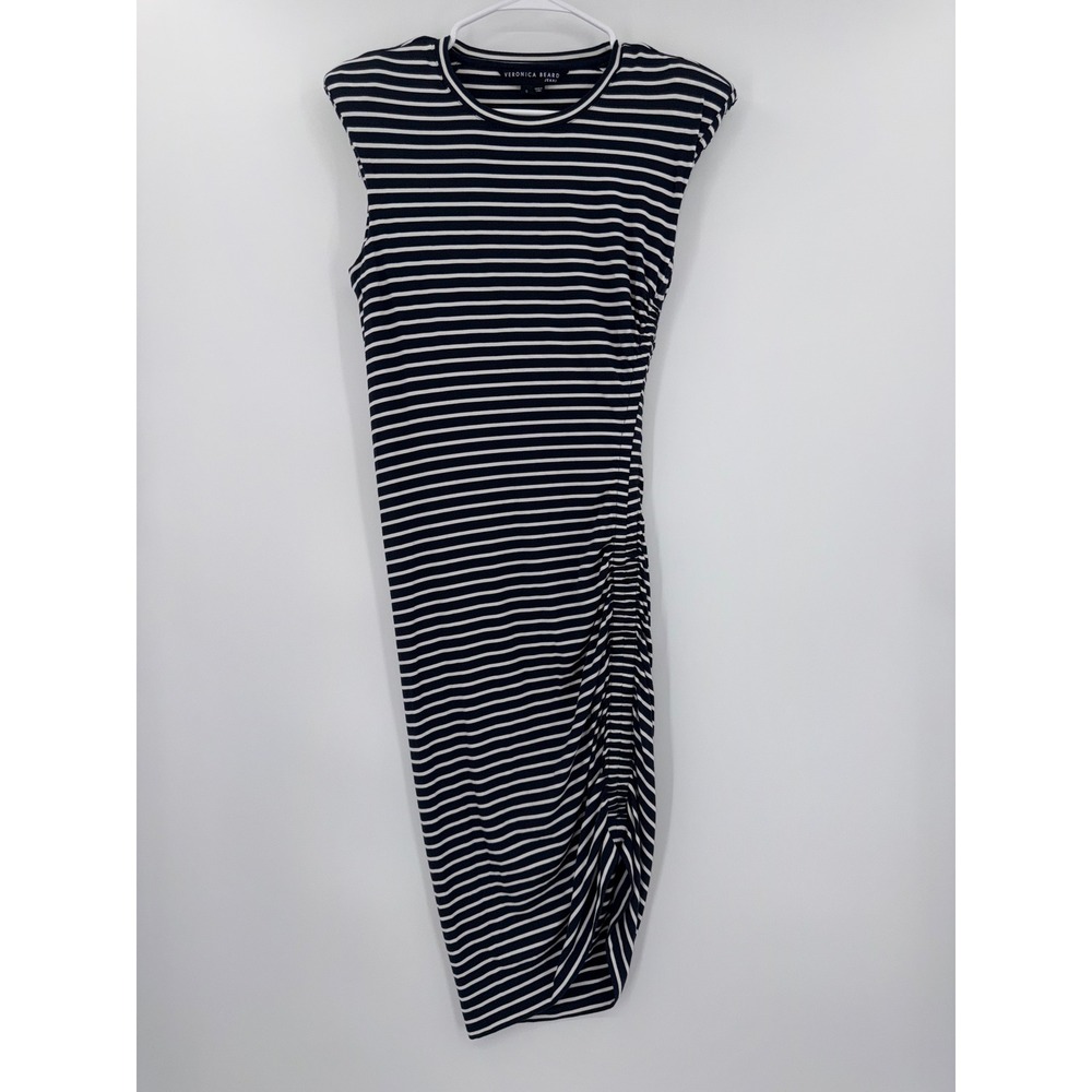Veronica Beard Jeans Navy White Striped Ruched Padded Shoulder Midi Dress S - Picture 2 of 13